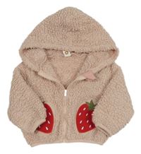 Svetloružová prepínaci huňatá mikina s jahodami a kapucňou