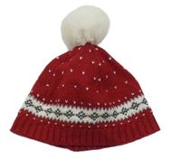 Červeno-bílá vzorovaná pletená čepice s bambulí 