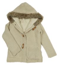 Smetanový pletený zateplený propínací svetr s kapucí s kožešinou Yd.