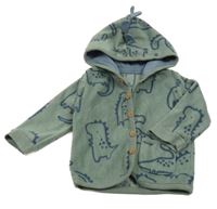 Khaki fleecová prepínaci mikina s dinosaurami a kapucňou George