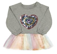 Šedé teplákové šaty s barevným tylem a srdcem z flitrů Tu