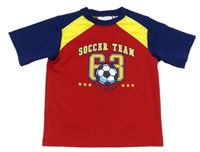 Červeno-tmavomodro-horčicové športové tričko s loptou a číslom
