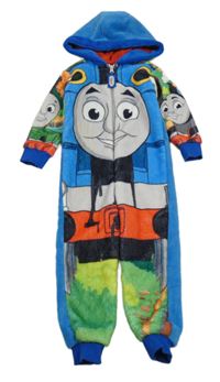 Modrá plyšová kombinéza s mašinkou Tomášem a kapucňou