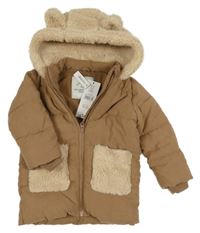 Nové - Hnědá šusťákovo/huňatá zateplená jarní bunda s kapucí s oušky George