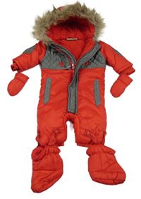 Červeno-sivá šušťáková zimná kombinéza s kapucňou s kožušinovou + rukavice + topánky