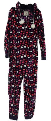 Dámska fialová bodkovaná plyšová kombinéza s kapucňou Debenhams