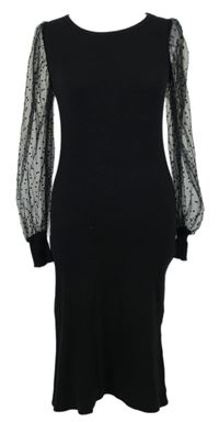 Dámské černé žebrované šaty s tylovými puntíkovanými rukávy PatPat 