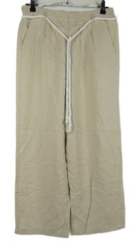 Dámské béžové lněné palazzo kalhoty s provázkem v pase Ever.me 