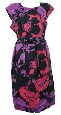 Dámské černo-fialovo-tmavorůžové květované plátěné šaty s páskem F&F