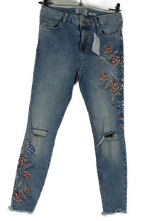 Nové - Dámské světlemodré květované skinny kotníkové rifle s dírami New Look 