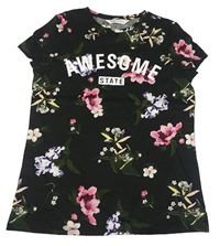 Černé květinové tričko s nápisem H&M