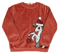 Červená chlpatá mikina s jednorožcem z fitrů H&M