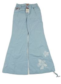 Nové - Modré plátěné flare kalhoty s kytičkami 