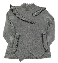 Stříbrno-čierne trblietavé tričko s volánikmi zn.