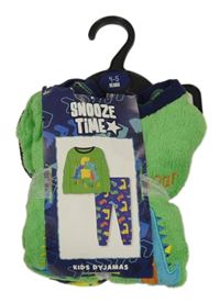 Nové - Zeleno-tmavomodré chlupaté pyžamo s dinosaury