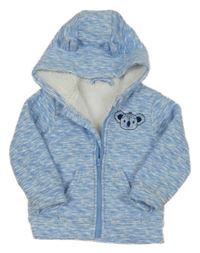 Světlemodro-biela žíhaná fleecová prepínaci zateplená mikina s koalou a kapucňou