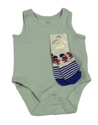 2set - Zelenošedé žebrované body + modro-bílé ponožky