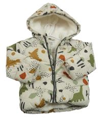 Nové - Béžová šusťáková prošívaná zimní bunda s dinosaury a kapucí F&F