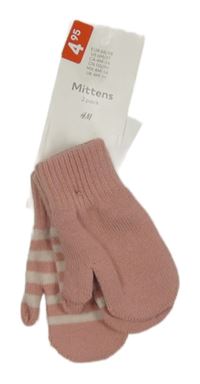 Nové - 2x - Růžovo-bílé pruhované + růžové palcové pletené rukavice H&M