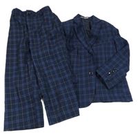2set - Tmavomodro-béžové kockované spoločenské sako + nohavice BB-Boum