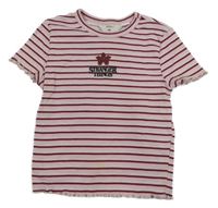 Světlerůžovo-vínové pruhované žebrované crop tričko s logem - Stranger Things H&M