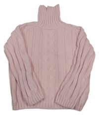 Svetloružový vzorovaný oversize crop sveter s rolákom