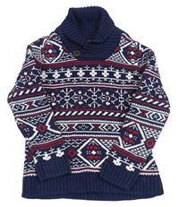 Tmavomodro-bielo-červený vzorovaný sveter s vločkami H&M