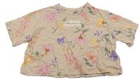 Svetlohnedé melírované crop tričko s kvietkami a nápismi H&M