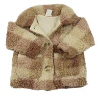 Hnědo-světlehnědo-béžovo-smetanová kostkovaná huňatá podšitá bunda s límečkem H&M