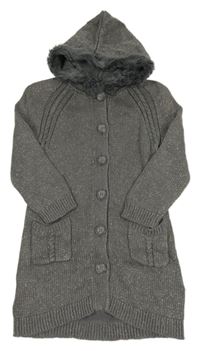 Šedo-zlatý melírovaný propínací dlouhý svetr s kapucí s kožešinou Monsoon