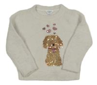 Světlešedý svetr s pejskem a srdíčky z flitrů M&Co