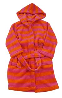 Tmavorůžovo/oranžový pruhovaný plyšový župan s mořským živočichem a kapucňou alive