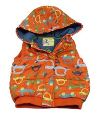 Tmavooranžová prošívaná šusťáková zateplená vesta s auty a kapucí Tu