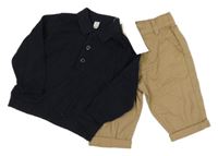 Nové - 2Set - Béžové chino plátěné kalhoty + tmavomodrý svetr s límečkem M&S