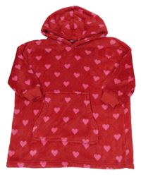 Červená plyšová oversize dlhá mikina so srdiečkami a vreckom a kapucňou M&S