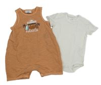 2Set - Skořicovo-hnědé pruhované laclové kraťasy s autobusem + bílé body Topomini