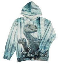 Olivovošedo-biela mikina s dinosaurami a vreckom a kapucňou