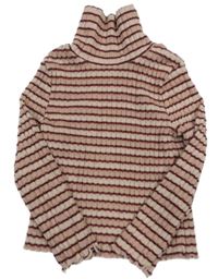 Pudrovo-světlepudrovo-vínový pruhovaný rebrovaný úpletový rolák C&A