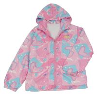 Růžovo-azurová šusťáková jarní bunda se srdíčky a kapucí