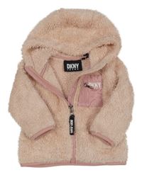 Svetloružová chlpatá bunda s logom a kapucňou DKNY