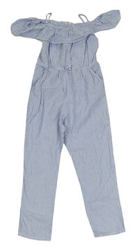 Světlemodro-bílý proužkovaný krepový kalhotový overal s volánkem H&M