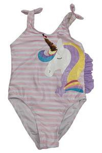 Růžovo-bílé pruhované jednodílné plavky s jednorožcem s překlápěcími flitry Primark