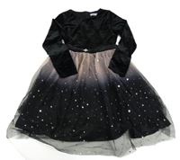 Černo-růžové sametovo/tylové šaty s hvězdami a páskem