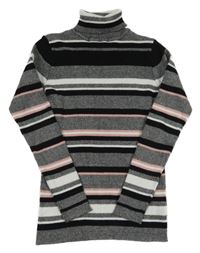 Tmavošedo-černo-růžový pruhovaný žebrovaný svetrový rolák Primark