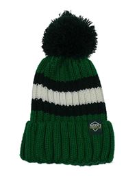 Zeleno-bílá pletená čepice s pruhy a bambulí