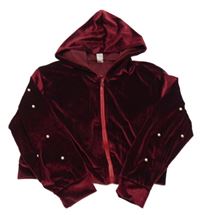 Vínová zamatová prepínaci mikina s perlami na rukávech a kapucňou Shein