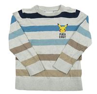 Svetlošedá -modro-hnedý pruhovaný sveter s Pikachu C&A