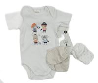 4set - Bílé body se zvířaty + bílé rukavičky s trojúhelníky + 2x světlebéžové melírované