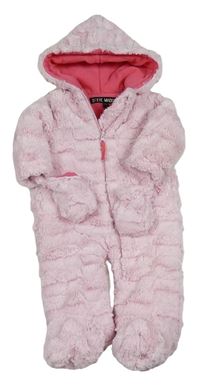 Ružová chlpatá zateplená zimná kombinéza s kapucí+ rukavice