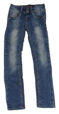 Modré melírované skinny rifle s mašlemi na kapsách 